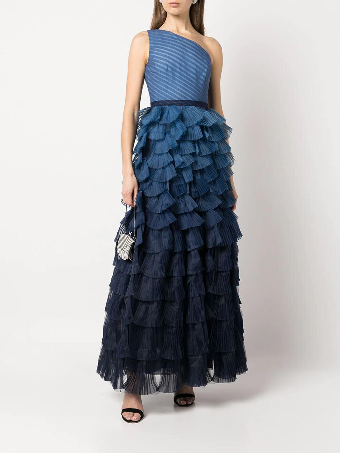 Dusty Blue One Shoulder Tiered Ruffle ...